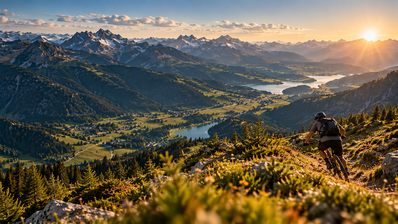 Mountain biker descending an alpine trail at golden hour